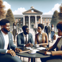 A group of confident and approachable Black college leaders, both men and women, are engaged in a collaborative discussion on a university campus. The