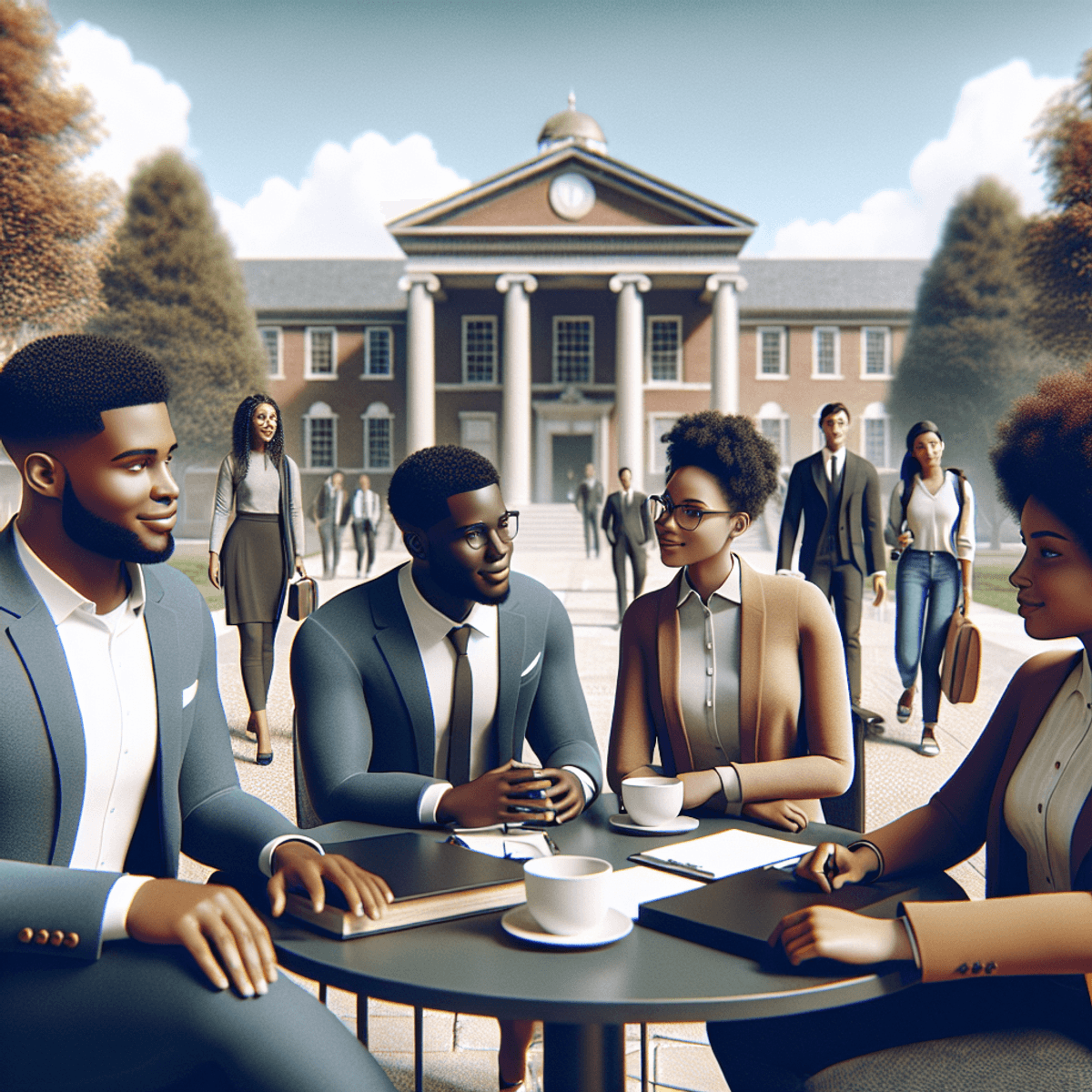 A group of confident and approachable Black college leaders, both men and women, are engaged in a collaborative discussion on a university campus. The